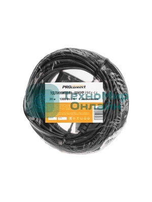 Удлинитель-шнур PROconnect ПВС 3х0,75 мм², 20 м, с/з, 6А, 1300 Вт, IP20, черный