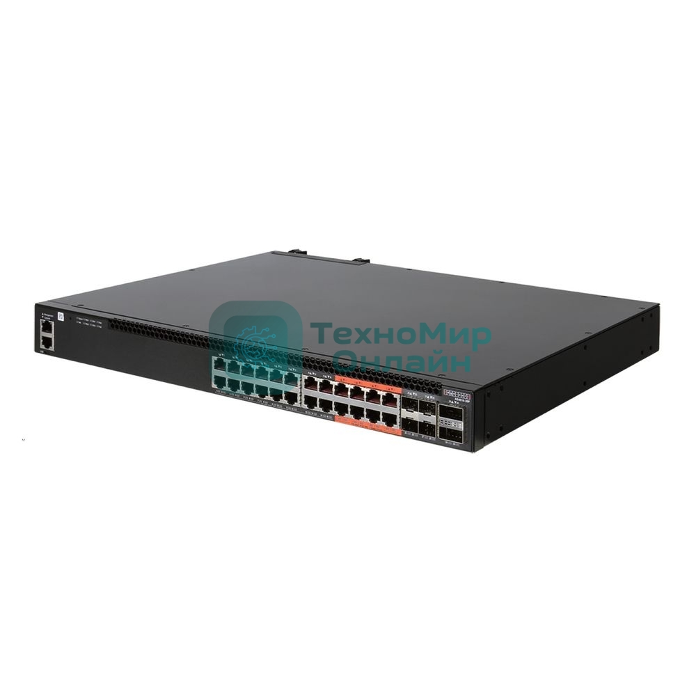 Коммутатор 4610-30P-O-AC-F Edge-corE AS4610-30P, 24-Port GE RJ45 port PoE+, last 8 ports Ultra-PoE, 960W PoE Bugdet, 4x10G SFP+, 2 port 20G QSFP+ for stacking, Broadcom Helix 4, Dual-core ARM Cortex A9 1GHz, dual 110-230VAC 600W hot-swappable PSUs, one fixed syste