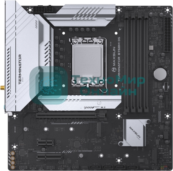 Материнская плата Maxsun Terminator B760M D5 WIFI, LGA 1700, Intel B760, 4xDDR5, 4xSATA, 3xM.2, 1xPCIe 5.0 x16, 1xPCIe x4, 1xPCIe x1, 1xHDMI, 1xDP, 1x 2.5Gb LAN, 6xUSB 2.0, 2xUSB 3.2 Gen 2, 3x3.5 мм, 5.1, mATX
