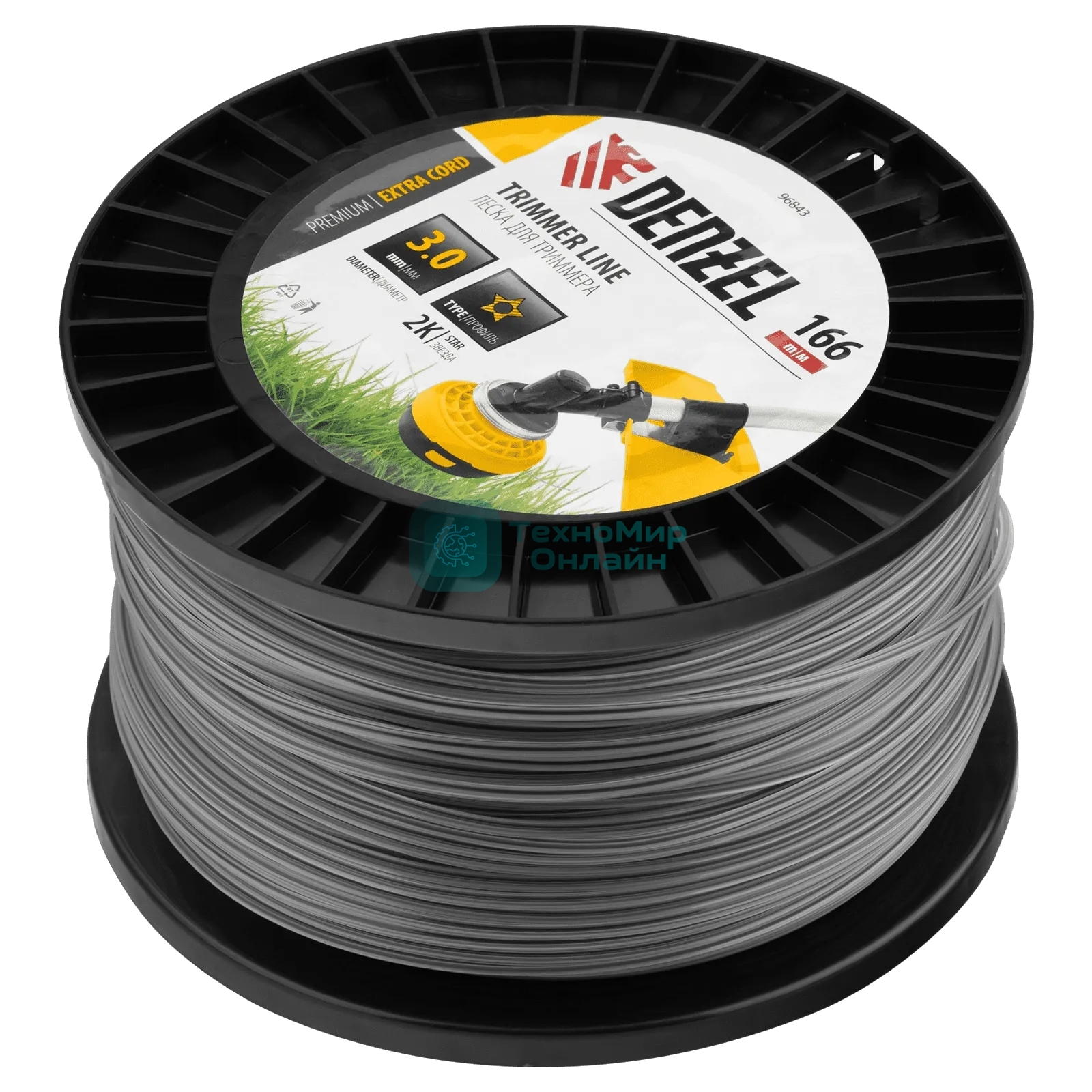 Леска для триммера Denzel двухкомпонентная звезда, 3,0 мм х 166 м, на DIN катушке EXTRA CORD