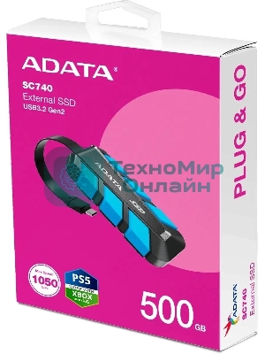 Внешний SSD ADATA SC740, 500 Gb, USB 3.2 Gen 2 Type-C, R/W 1050/1000, синий