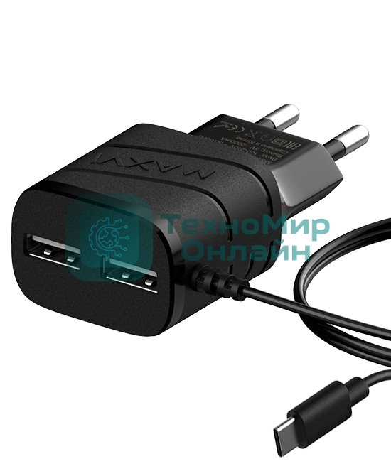 Сетевое зарядное устройство Maxvi TCM-202TB, 2xUSB, 5V, 2A, Type-C