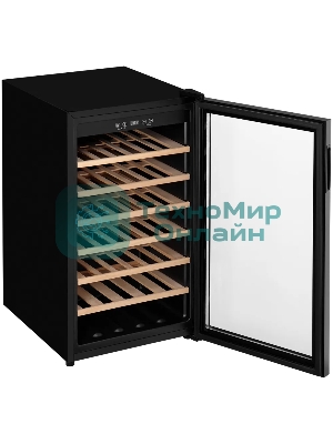 Винный шкаф Kuppersberg RSW 82, отдельностоящий, High-Tech, объем 128 л, вместимость 40 бутылок, диапазон температуры 5-20 градусов, механическое открытие двери, 6 полок из бука, LCD дисплей, уровень шума 38 дБ, черный
