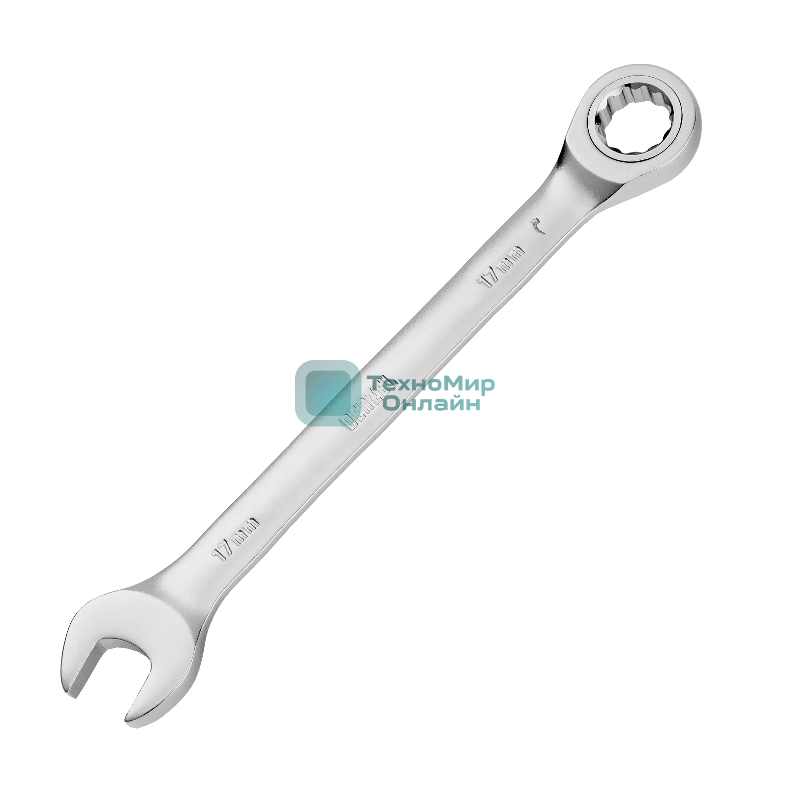 Ключ комбинированный трещоточный Denzel 17 мм, CrV, матовый хром