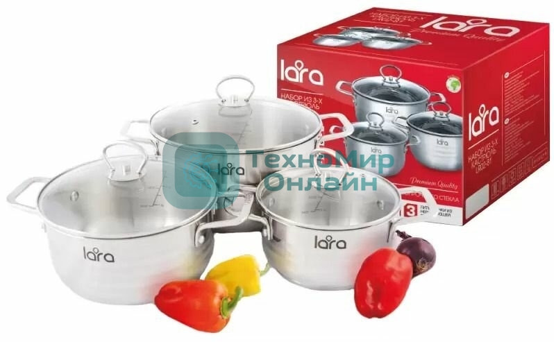 Набор посуды Lara LR02-81 Standart 6пр. LR02-81 Набор посуды Lara Standart (2.3 л + 4.5 л + 5.7 л) капсулированное индукционное дно, крышки