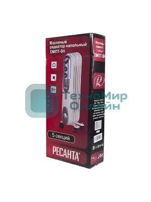 Обогреватель масляный Ресанта ОМПТ- 5Н (5 секций), белый, 1000 Вт, 10 м2, термостат 67/3/2