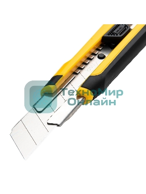 Технический нож Deli DL025 25мм SK4. 2-ступенчатое лезвие. Ударопрочный и обрезиненный корпус. Кнопка автоматической блокировки.