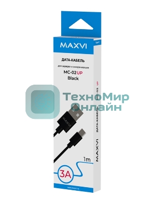 Кабель Maxvi MC-02 UP black USB-A - Type-C, 3A ток макс. нагрузки 3А, макс. напряжение 5V, длина кабеля 1м, материал PVC, черный