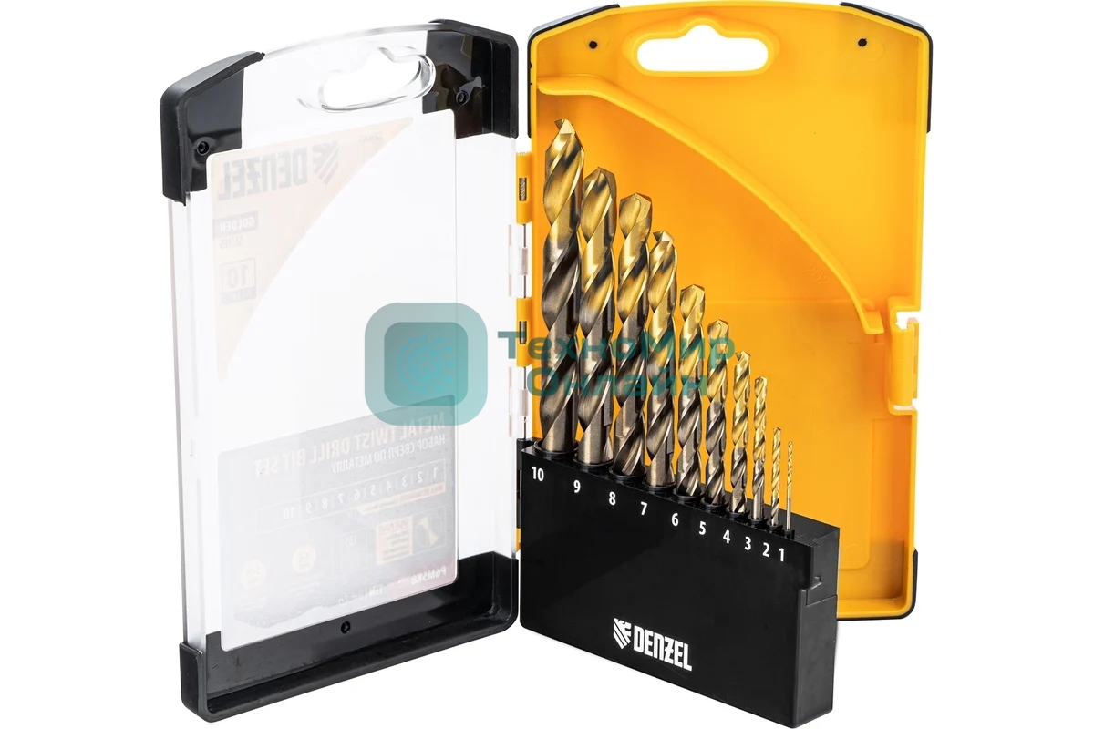 Набор сверл по металлу Denzel 1-10 мм, Р6М5К8-TiN, Golden Tip, 10 шт