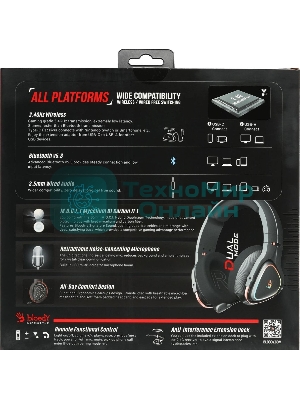 Гарнитура Bloody MR720 чёрный, беспроводная + проводная, радиоканал/Bluetooth/mini jack 3.5 мм, до 44 ч, подсветка