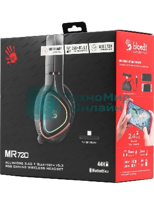 Гарнитура Bloody MR720 чёрный, беспроводная + проводная, радиоканал/Bluetooth/mini jack 3.5 мм, до 44 ч, подсветка