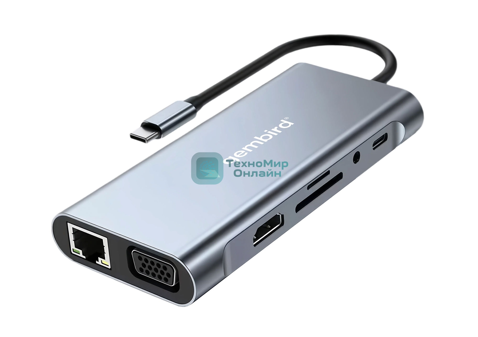 Концентратор USB Type-C Gembird UHB-D4, 10в1: 3xUSB3.1, Type-C PD87W, Jack 3.5, SD/TF, HDMI, RJ45, VGA, кабель 15 см, алюминий