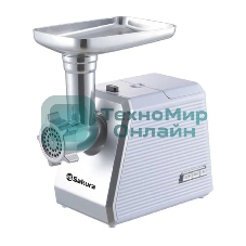 Мясорубка электрическая Sakura SA-6424W белый, 2000 Вт, 3.0 кг/мин, реверс, защита от перегрузки, металлический лоток, насадки - 4