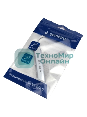 Разветвитель USB3.0/2.0 Gembird UHB-C206, USB3.0, 3xUSB2.0, кабель USB 10 см, серебристый металл, пакет