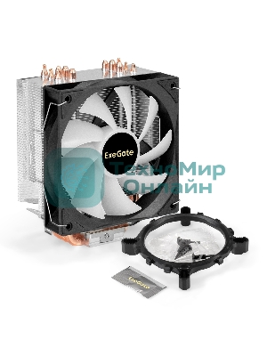 Кулер ExeGate Wizard EXX600-PWM.FRGb (Al+Cu, 6 тепл.трубки, LGA775/1150/1151/1155/1156/1200/1700/1851/AM2/AM2+/AM3/AM3+/AM4/AM5/FM1/FM2/754/939/940, TDP 180W, Fan 120мм PWM, 800-2400RPM, Hydro bearing, 4pin, 11-24db, 540г, FRGb подсветка, с термопастой, на защелках, Color Box)