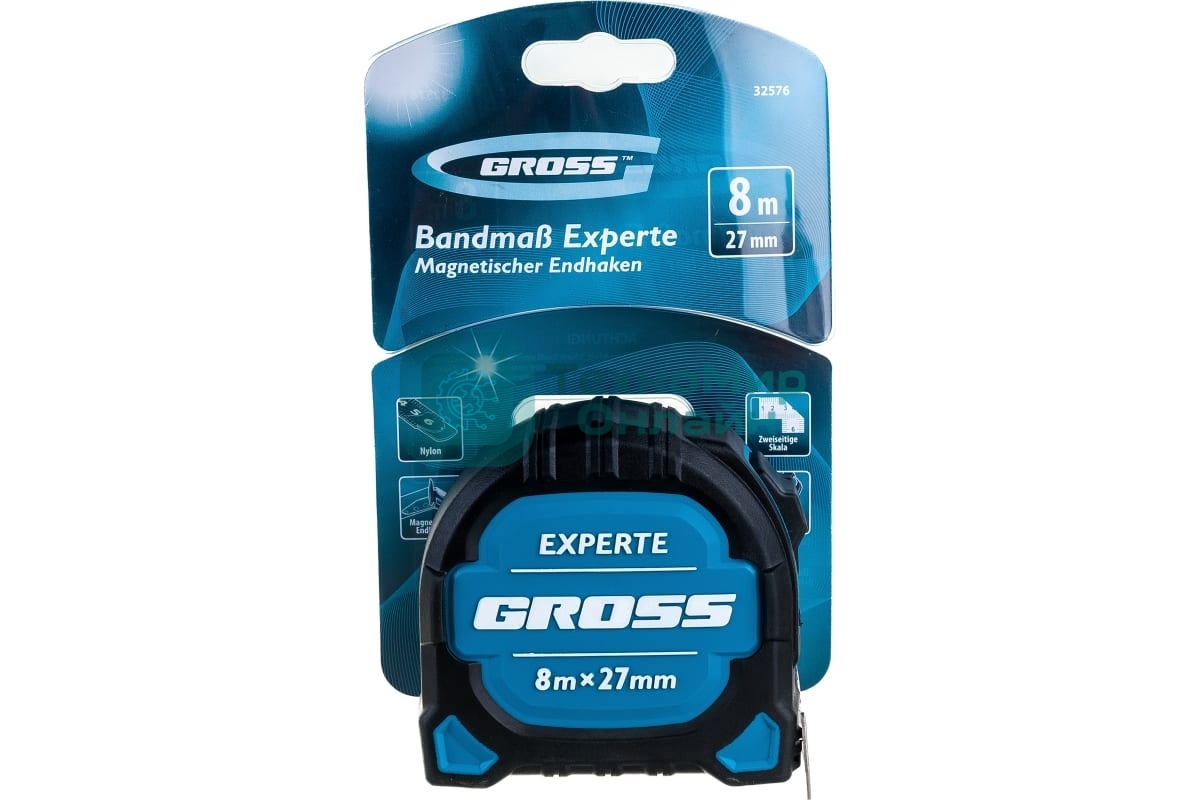 Рулетка Experte, 8 м x 27 мм, двухкомпон. корпус, магнит, двухстор. разметка, нейлон Gross