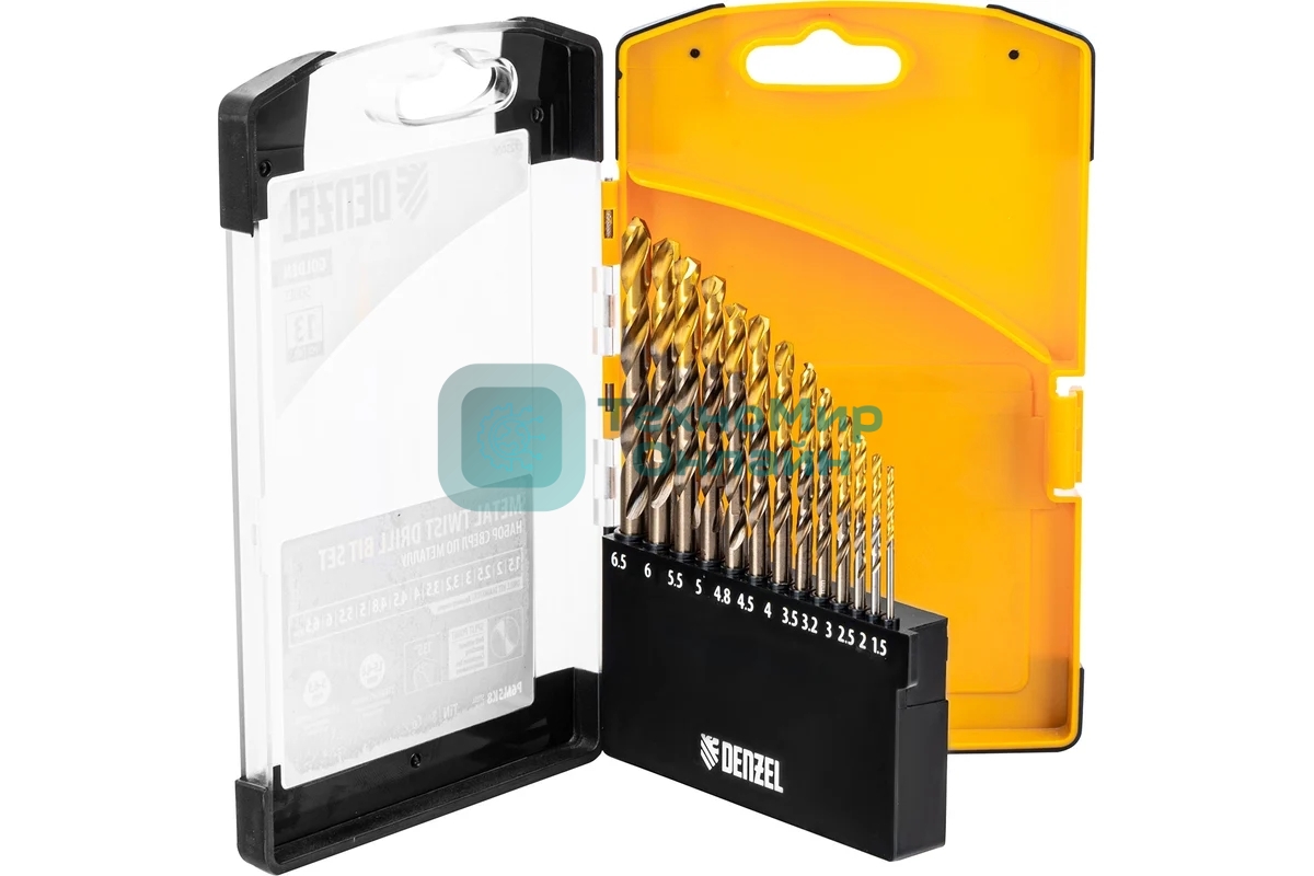 Набор сверл по металлу Denzel 1,5-6,5мм, Р6М5К8-TiN, Golden Tip, 13 шт
