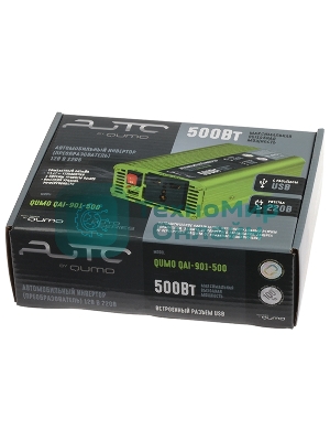 Автомобильный инвертор (преобразователь) постоянного тока 12В в переменный ток 220В, модель QUMO QAI-901-500 (Inv 001), максимальная выходная мощность 500Вт, встроенный разъем USB