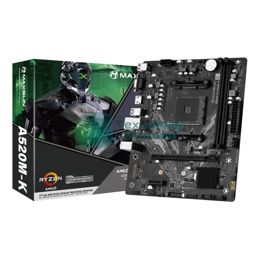 Материнская плата Maxsun Challenger A520M-K, AM4, AMD A520, 2xDDR4, 3xSATA, 1xM.2, 1xPCIe 3.0 x16, 1xPCIe 3.0 x1, 1xHDMI, 1xVGA, 1x 1Gb LAN, 2xUSB-A 3.2 Gen 1, 4xUSB-A 2.0, 3x3.5 мм, 5.1, M-ATX