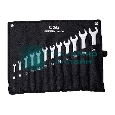 Набор комбинированных гаечных ключей 12 шт Deli DL130012A Спецификация: 6 мм, 8 мм, 10 мм, 11 мм, 12 мм, 13 мм, 14 мм, 15 мм, 17 мм, 19 мм, 22 мм, 24 мм. Матовая хромированная поверхность. Тканевая упаковка.