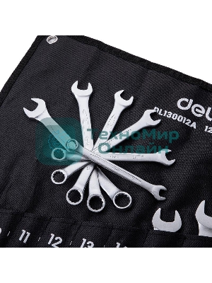 Набор комбинированных гаечных ключей 12 шт Deli DL130012A Спецификация: 6 мм, 8 мм, 10 мм, 11 мм, 12 мм, 13 мм, 14 мм, 15 мм, 17 мм, 19 мм, 22 мм, 24 мм. Матовая хромированная поверхность. Тканевая упаковка.