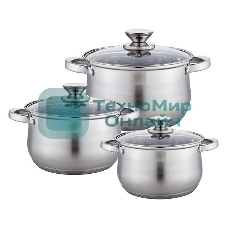 Набор посуды WEBBER BE-615/6 из нерж.стали 6 пр. 2,9 л, 5,1 л, 6,6 л со стеклянными крышками В наборе 6 предметов: кастрюля со стеклянной крышкой 18х11,5 см; 2,9 л кастрюля со стеклянной крышкой 22х13,5 см; 5,1 л кастрюля со стеклянной крышкой 24х14,5 см; 6,6 л Толщина стали 0,5 мм