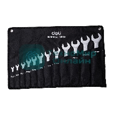 Набор двусторонних гаечных ключей 12 шт Deli DL160012A Спецификация: 6x7мм, 8x9мм, 10x11мм, 12x13мм, 14x15мм, 16x17мм, 18x19мм, 20x22мм, 21x23мм, 24x27мм, 25x28мм, 30x32мм. Матовая хромированная поверхность. Тканевая упаковка.