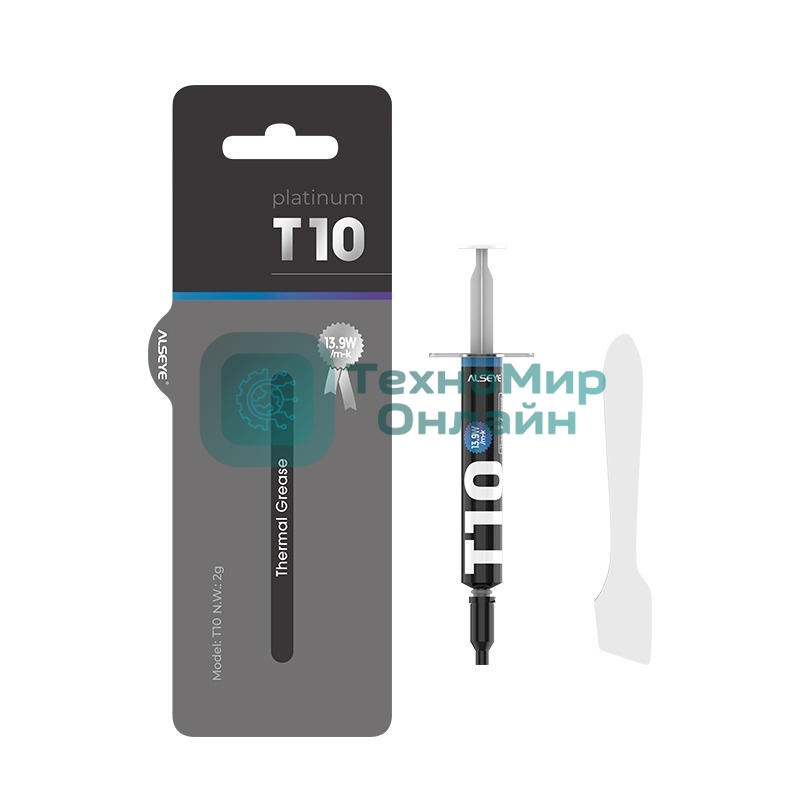 Термопаста ALSEYE T10 Thermal conductivity: 13.9W/m-k Color: Gray Conductivity: non-conductive specific gravity: 2.7g/cm³@25℃ Capacity: 1.2мл Weight: 2G