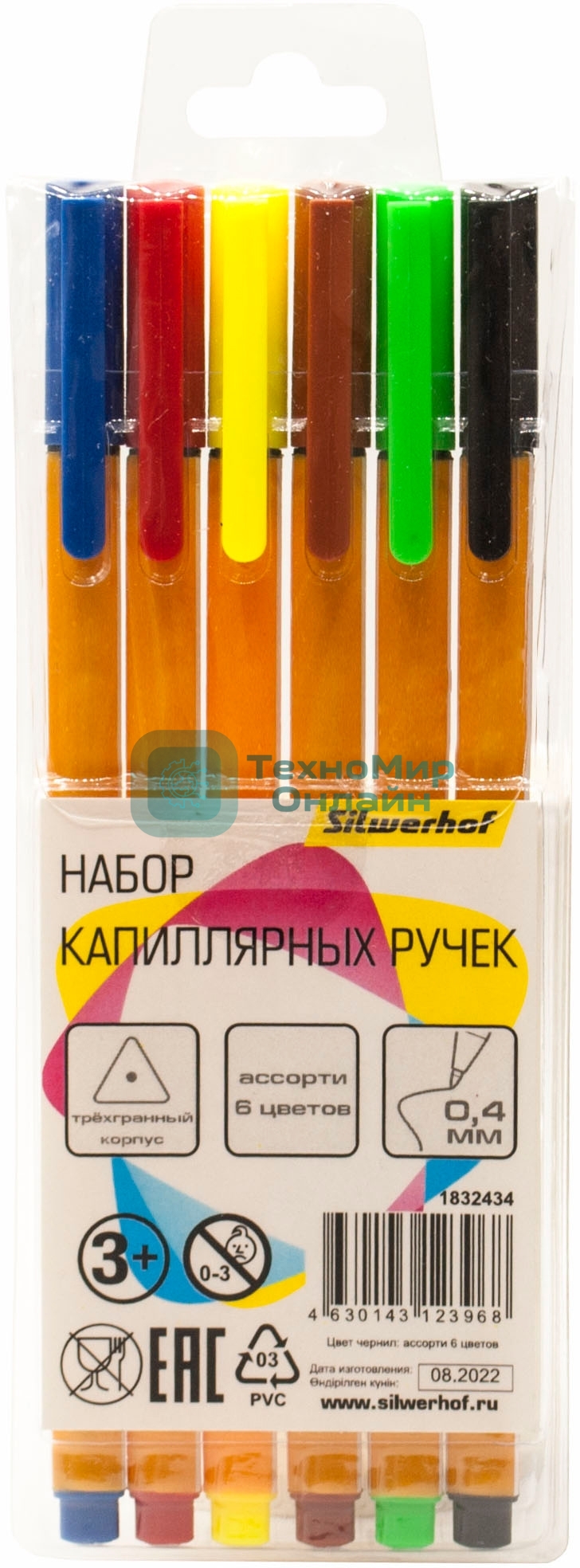 Набор ручек капиллярных Silwerhof, ассорти чернила, индивидуальный пакет с европодвесом (6шт) игловидный пишущий наконечник, линия 0.4мм, треугольная