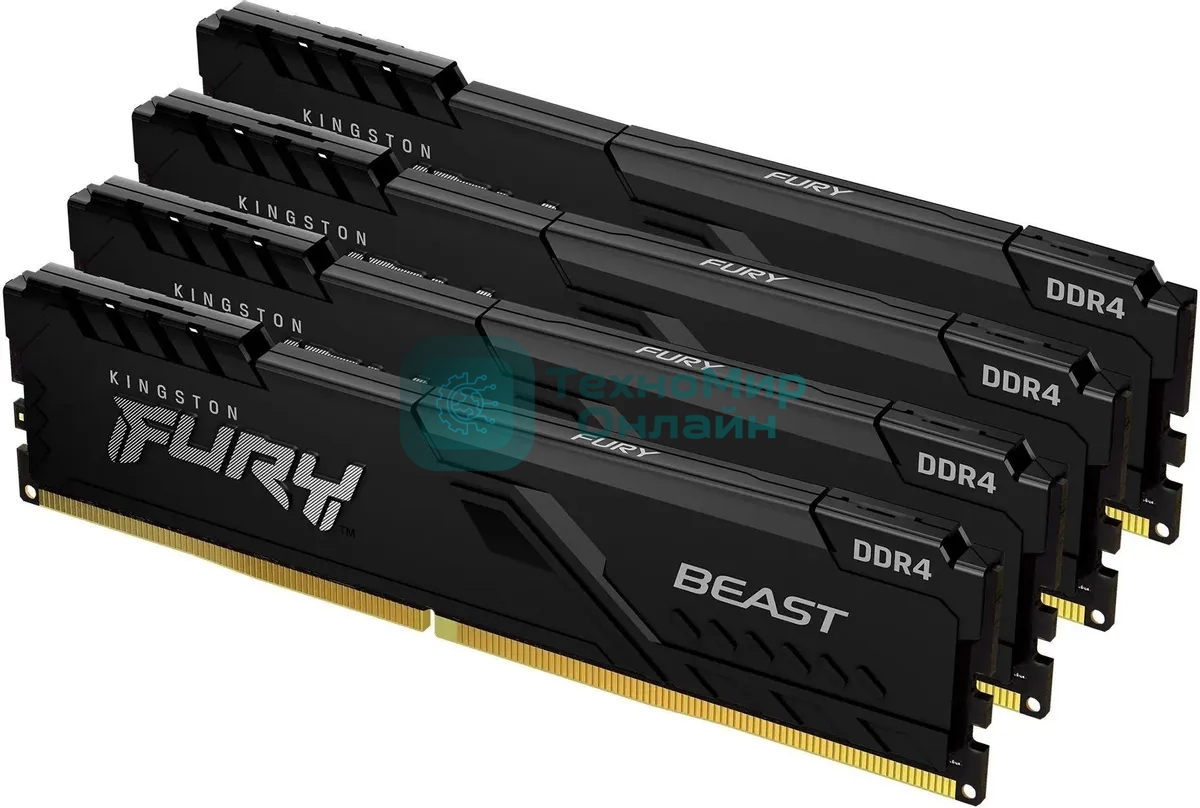 Оперативная память Kingston Fury Beast, DDR4, 64GB (4x16GB), 3200MHz, CL16, DIMM, с радиатором, черный
