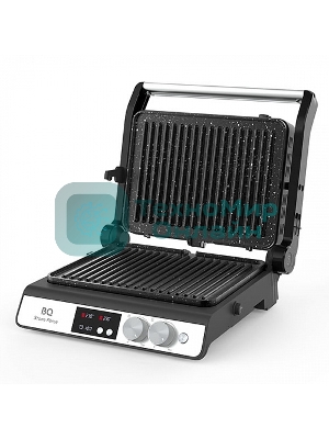 Гриль электрический BQ GR3002 черный/стальной. Мощность:2000 Вт/STONE Non-Stick Мраморное антипригарное покрытие/Съемные панели легкая очистка/3 в 1 гриль, барбекю, духовка/ГРИЛЬ жарьте стейки и бифштексы ребрышки и крылышки/БАРБЕКЮ обжаривайте ломтики мяса, птицы и овощей на открытых панелях/ДУХОВКА запекайте мясо и овощи, готовьте торты и бисквиты, используя форму из фольги или противень/Электронное управление/