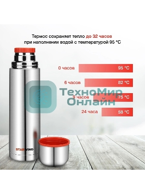 Термос Starwind 10-1000 1 л. серебристый/красный, картонная коробка
