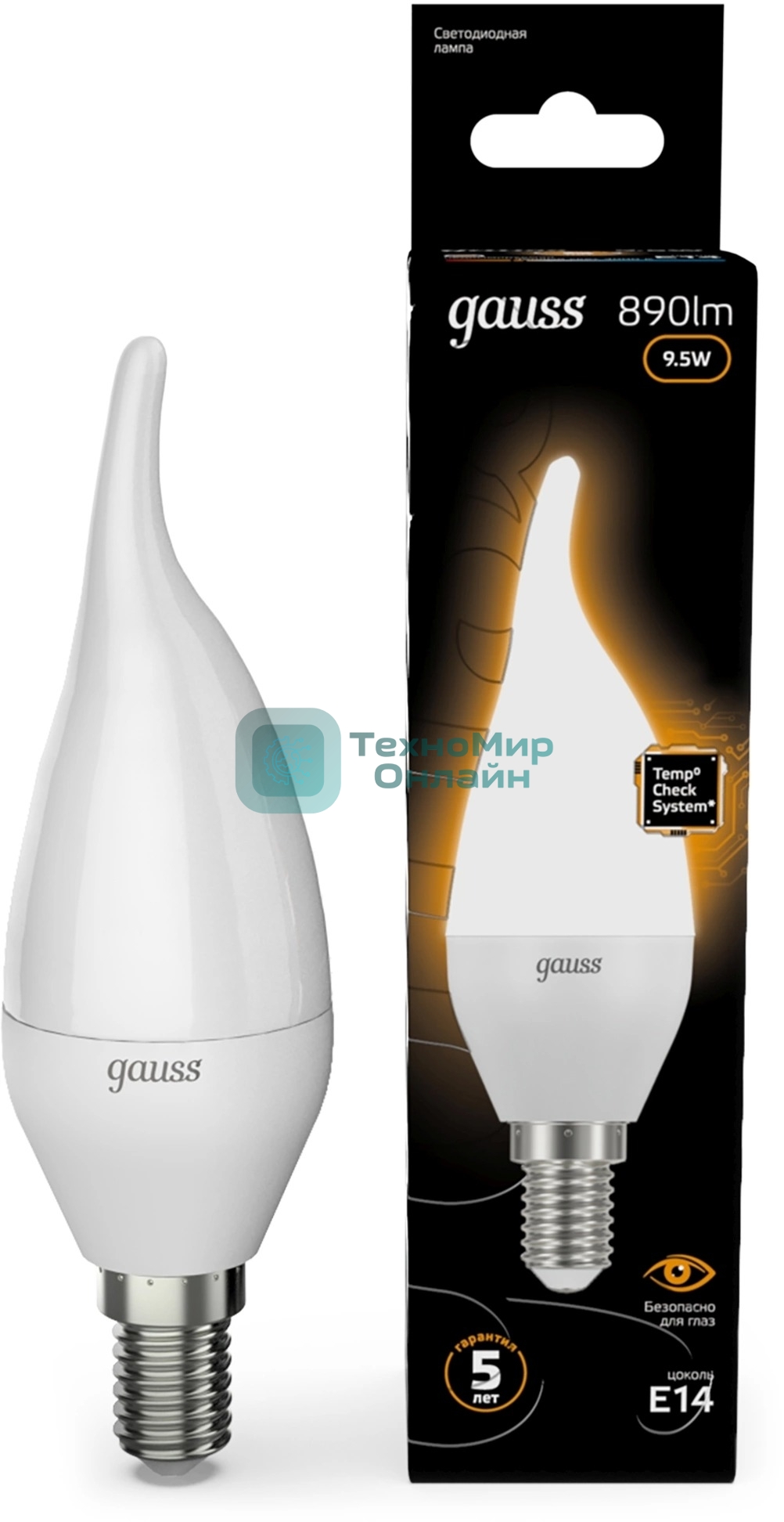 Лампа светодиодная Gauss 9.5Вт цок.:E14 свеча 220B св.свеч.бел.теп. (упак.:10шт) (104101110)