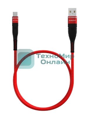 Кабель Maxvi MC-05M red USB-A - microUSB, 2A ток макс. нагрузки 2А, макс. напряжение 5V; стандарт USB 2.0; длина 1м, оплетка TPU, металлические корпуса разъемов, цвет красный