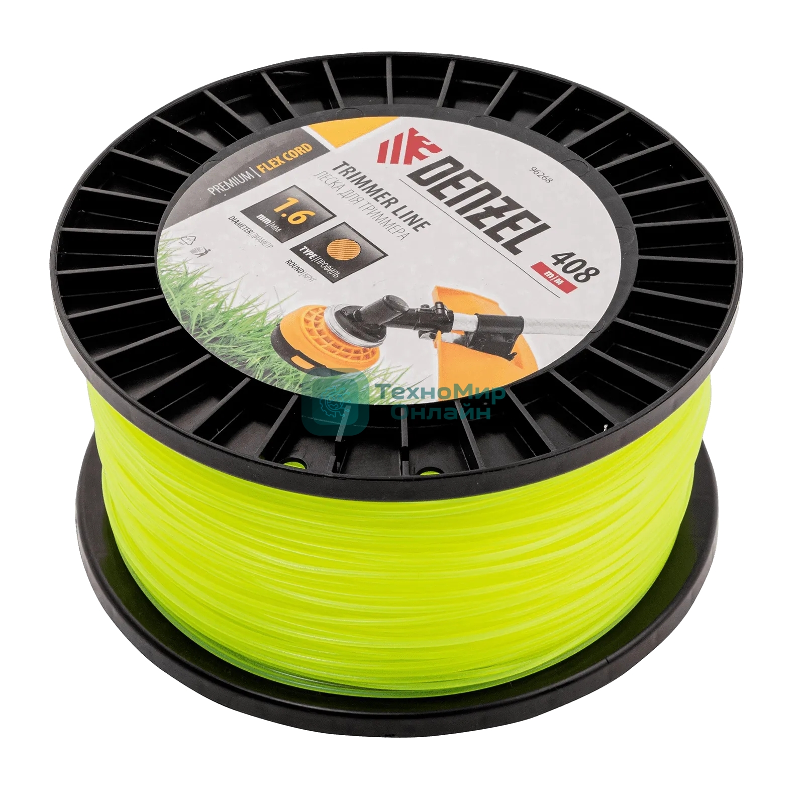 Леска для триммера Denzel круглая, 1,6мм х 408м, на DIN катушке FLEX CORD