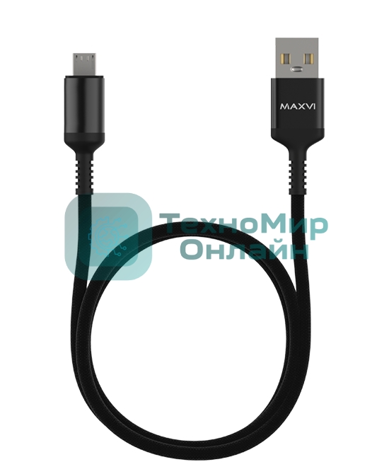 Кабель Maxvi MC-10M black, USB-A - microUSB, 2A ток макс. нагрузки 2А, макс. напряжение 5V; стандарт USB 2.0; длина 1м, нейлоновая оплетка, металлические корпуса разъемов, цвет черный