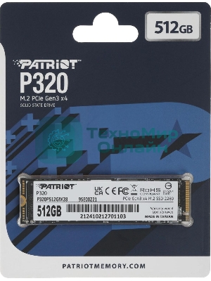 Накопитель SSD Patriot P320, 512Gb, PCIe 3.0 x4, M.2 2280, NVMe, R/W 3000/2200