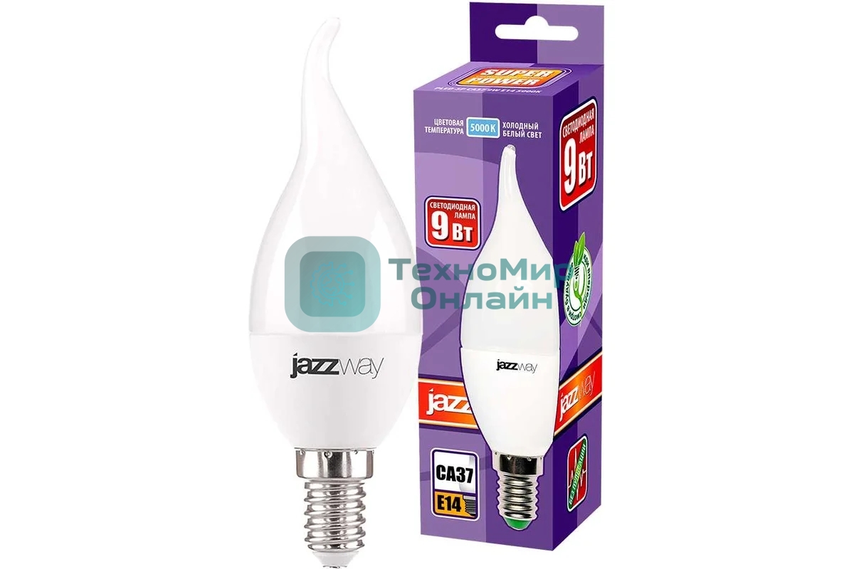 Лампа светодиодная JazzWay PLED-SP CA37 9Вт свеча 5000К холодный белый E14 820лм 230В