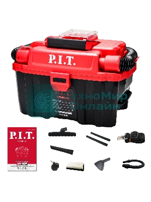Строительный пылесос P.I.T. PVC20H-10A SOLO красный, питание от аккумулятора, 200 Вт, уборка сухая/влажная/выдув, пылесборник 10 л