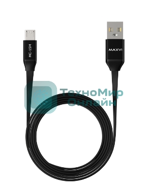 Кабель Maxvi MC-15M black, USB-A - microUSB, 2A ток макс. нагрузки 2А, макс. напряжение 5V; стандарт USB 2.0; плоский кабель, длина 1м, оплетка TPE, металлические корпуса разъемов, цвет черный