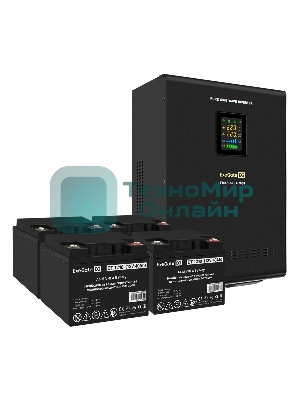 Комплект источника бесперебойного питания Exegate EX296005RUS + батарея 40Aч EX282976RUS 4шт (инвертор, синус, для котла, настенный) ExeGate FineSine SX-7000.LCD.AVR.2SH.T <7000VA/5000W, чистая синусоида, цветной LCD-дисплей, AVR, 2*Schuko+клеммы, линейно-интерактивный, крепление настенное, черный> + батарея ExeGate DT 1240 (12В, 40А·ч) 4шт