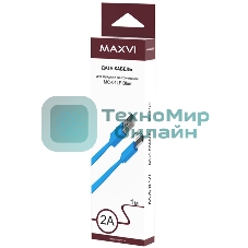Кабель Maxvi MC-01LF blue USB-A - microUSB, 2A Плоский кабель, ток макс. нагрузки 2А, макс. напряжение 5V; стандарт USB 2.0; длина разъема microUSB 10 мм, длина 1м, материал PVC, синий