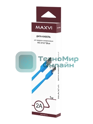 Кабель Maxvi MC-01LF blue USB-A - microUSB, 2A Плоский кабель, ток макс. нагрузки 2А, макс. напряжение 5V; стандарт USB 2.0; длина разъема microUSB 10 мм, длина 1м, материал PVC, синий