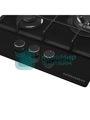 Варочная поверхность Kuppersberg FG 40 B, газ, High-Tech, 45 см, автоматический электроподжиг, газ-контроль, SABAF конфорки, чугунные решетки, WOK конфорка, цвет черное стекло, цвет фурнитуры черный