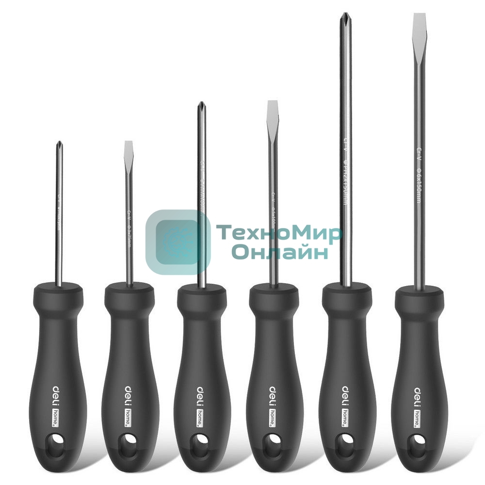 Набор отверток Home Series Deli HT1006 6шт SL3x75+SL5x100+SL6x150+PH0x75+PH1x100+PH2x150 Эксклюзивный дизайн. Рукоятка из высококачественного софттач пластика
