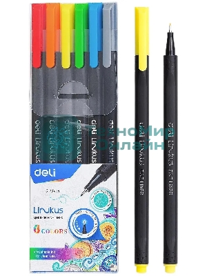 Набор ручек капиллярных Deli Linkus (EQ900-06), d=0.45мм, ассорти чернила, игловидный пишущий наконечник, линия 0.45мм, 6 цветов