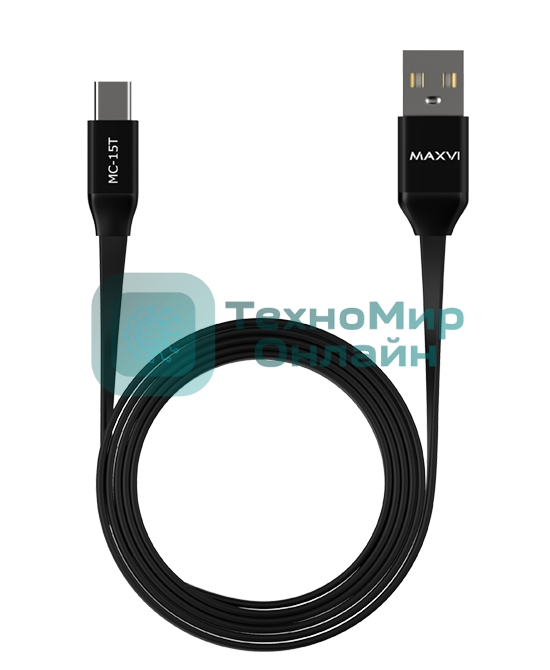 Кабель Maxvi MC-15T black, USB-A - Type-C, 2A ток макс. нагрузки 2А, макс. напряжение 5V; стандарт USB 2.0; плоский кабель, длина 1м, оплетка TPE, металлические корпуса разъемов, цвет черный