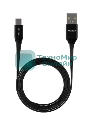 Кабель Maxvi MC-15T black, USB-A - Type-C, 2A ток макс. нагрузки 2А, макс. напряжение 5V; стандарт USB 2.0; плоский кабель, длина 1м, оплетка TPE, металлические корпуса разъемов, цвет черный
