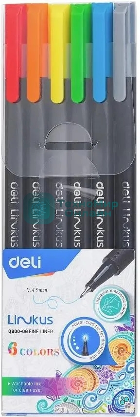 Набор ручек капиллярных Deli Linkus (EQ900-06), d=0.45мм, ассорти чернила, игловидный пишущий наконечник, линия 0.45мм, 6 цветов