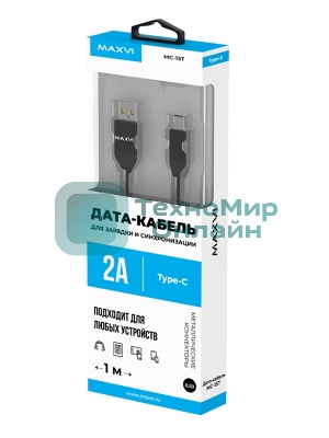 Кабель Maxvi MC-15T black, USB-A - Type-C, 2A ток макс. нагрузки 2А, макс. напряжение 5V; стандарт USB 2.0; плоский кабель, длина 1м, оплетка TPE, металлические корпуса разъемов, цвет черный